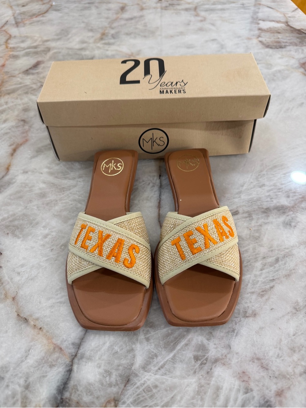 MKS Maker’s Bobbie Texas Slide Sandals Size 6 Orange Embroidered Longhorn NWT